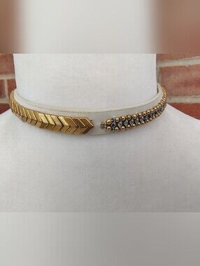 Stella & Dot Vintage Leather Collar Choker Necklace Mix Metal Gold Chevron Beads